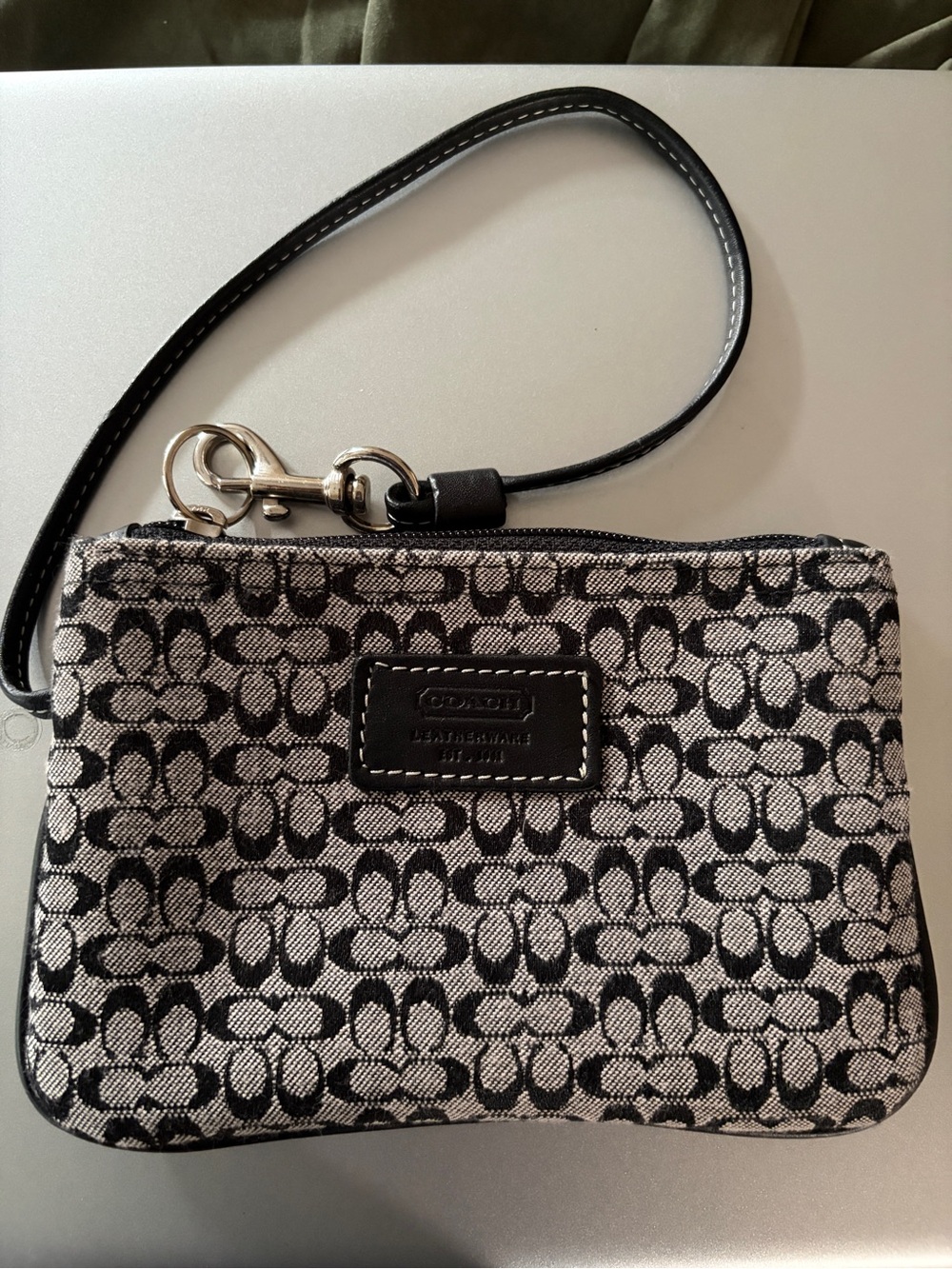 Coach Black and Gray Signature Canvas Wristlet with Leather Strap
